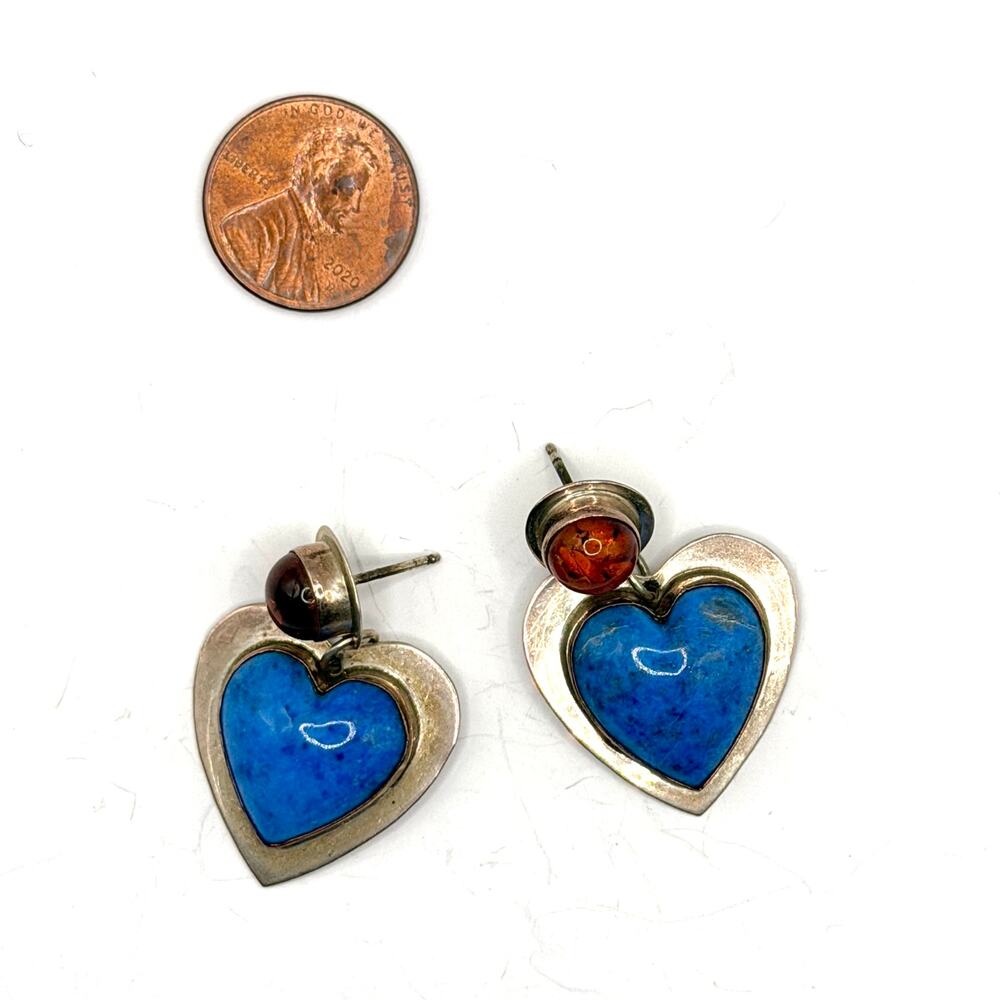 Vintage 90s Jason Livingston Signed Sterling Silver Lapis Amber Heart Earrings - Picture 7 of 8